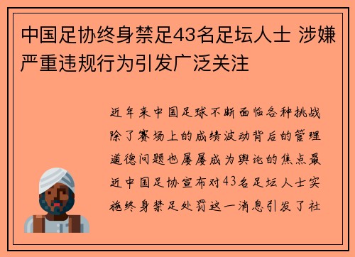 中国足协终身禁足43名足坛人士 涉嫌严重违规行为引发广泛关注